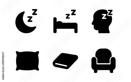 Sleep icons collection: moon, bed, and more in black silhouette style