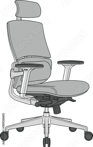 Ergonomic High-Back Office Chair with Headrest, Swivel Wheels, and Adjustable Mechanism, Detailed Technical Line Art Vector Illustration