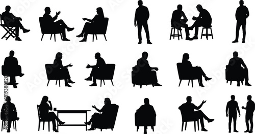 People Talking and Sitting Silhouette Set, Diverse Group in Various Chairs, Discussing, Communicating, and Interviewing, Isolated Vector Graphic