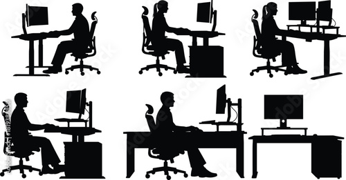 Office Workers Silhouette Set, People Working at Desks with Computers and Ergonomic Chairs, Male and Female Programmers Vector Graphic