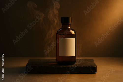 Glass Bottle on Slate Shelf With Atmospheric Steam