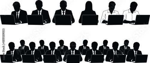 Professional business people team working on laptops in office setting, silhouette flat vector illustration of corporate staff collaborating on digital 