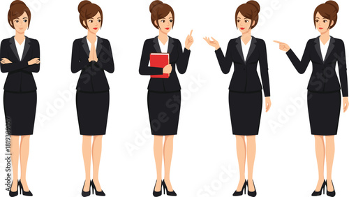 Professional businesswoman character set in various poses, showing different gestures like pointing, explaining, and welcoming, depicting a confident 