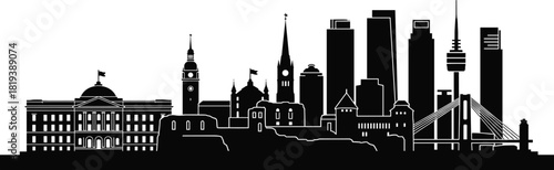 Modern urban skyline silhouette featuring historic architecture, contemporary skyscrapers, famous towers, city bridge landmarks, tourism destinations, 