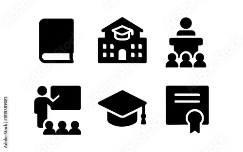 Education icons set: graduation cap, school building, teacher, certificate, classroom, book