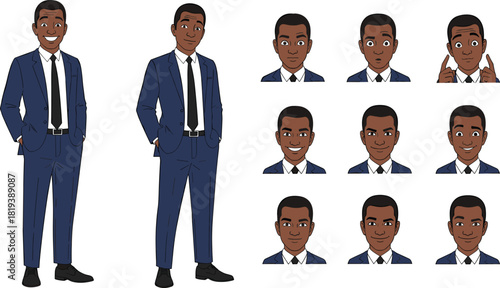 Professional African American businessman character set showing various facial expressions and full-body poses, depicting emotions like surprise, happiness, 