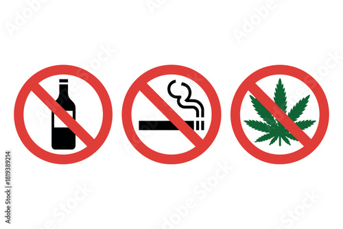 Three prohibition signs for alcohol, smoking, and cannabis are displayed on a white background.