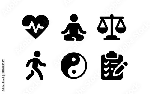Wellness and balance icons set: meditation, health, lifestyle, and harmony