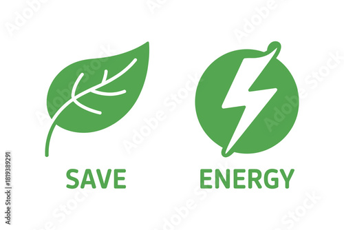 Save energy with a leaf icon and a lightning bolt symbol representing environmental sustainability