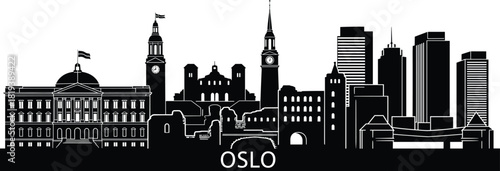 Oslo city skyline silhouette illustration, famous Norway architecture landmark cityscape artwork, modern urban buildings horizon graphic design for travel branding