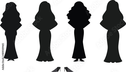 Elegant Women Silhouettes with Long Hair and Dresses of women in elegant dresses isolate
