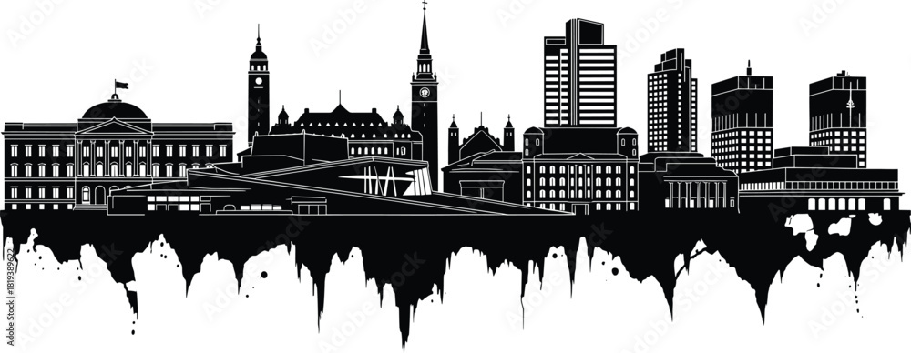 Obraz premium Modern city skyline silhouette illustration, urban architecture skyline artwork, contemporary cityscape design, business buildings horizon graphic for branding projects