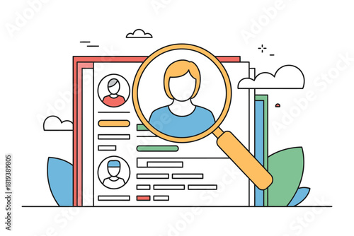 Magnifying glass focuses on a profile within a list of resumes or applications.