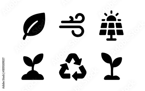 Eco icons set: nature, wind, solar, plant, and recycle symbols in silhouette design