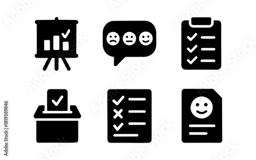 Collection of black and white silhouette business and survey icons for infographics and presentations