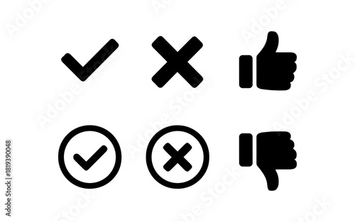 Minimalist icons: checkmarks, crosses, and thumbs up in solid style