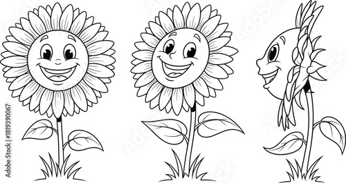 Cute smiling cartoon sunflower characters illustration, joyful garden plant line art drawing, adorable floral coloring page design for kids, nature artwork