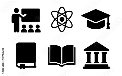 Education icons set: classroom, science, graduation cap, book, library symbols