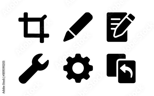 Essential editing and tool icons for creative work in minimalist black style