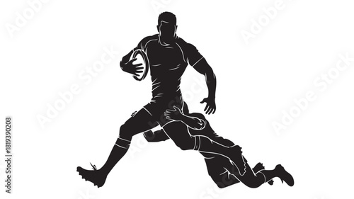 Rugby player running with the ball tackled by opponent vector silhouette illustration on white background for sports design
