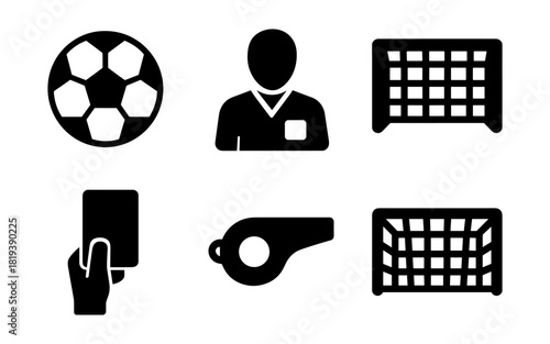 Minimalist soccer icons set featuring ball, referee, goal, card, and whistle