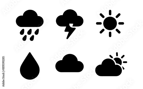 Weather icons set: sun, rain, thunder, cloud, and more in minimalist style