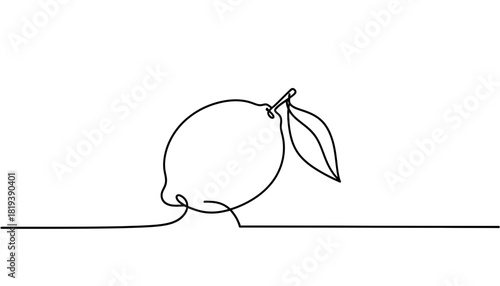 Simple white outline of a lemon with two leaves isolated on transparent background