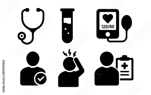 Medical health icons: stethoscope, test tube, blood pressure, patient, headache, records