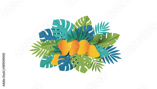 Tropical mangoes and lush green and blue leaves arrangement isolated on transparent background