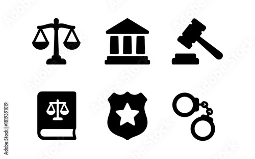 Black silhouette justice icons: scales, court, gavel, book, badge, handcuffs