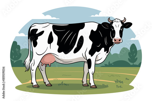 A black and white cow stands in a grassy field with trees in the background.