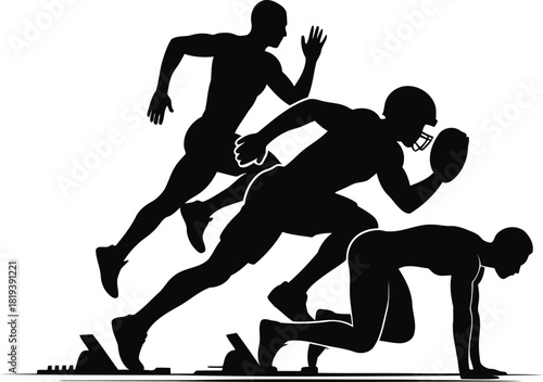 Dynamic Silhouettes of Athletes Sprinting and Racing with Explosive Speed from Starting Blocks