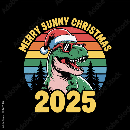 T-rex wearing a santa hat and sunglasses in a retro sunset for a funny merry sunny christmas 2025 graphic illustration