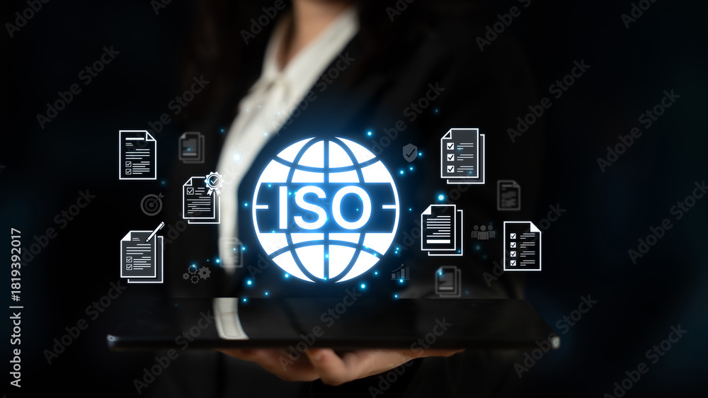 Naklejka premium Concept of ISO certification for business quality management. This international standard ensures compliance, process control, and assurance for products and services. Fermion