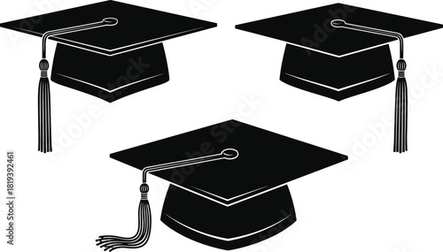 Set of Graduation Cap Silhouettes with Tassels Vector Illustration, Representing Academic Achievement, University Ceremony, Educational Success, and Commencement Celebration