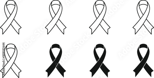 Set of Black Awareness Ribbon Icons Outline and Solid Silhouette Vector Illustration, Representing Support, Solidarity, Memorial, and Disease Prevention Campaigns