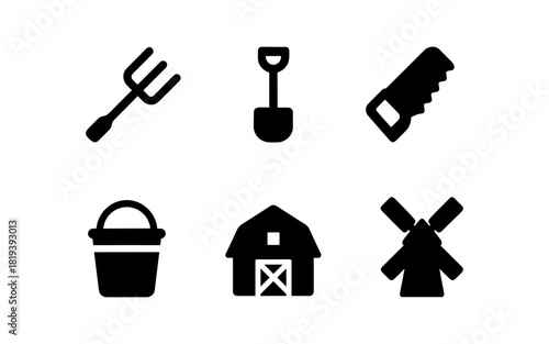 Farming tools collection: icon set featuring barn and windmill