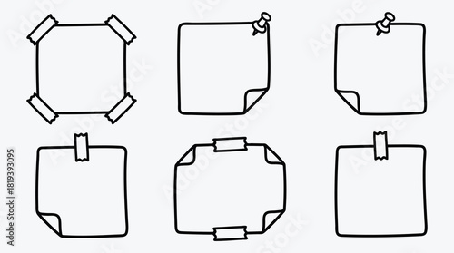 Collection of six hand drawn memo stickers for notes or reminders