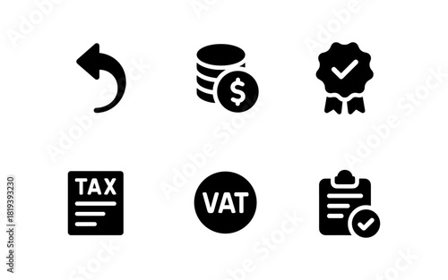 Finance and tax icon set: return, currency, certification, tax document, vat, checklist