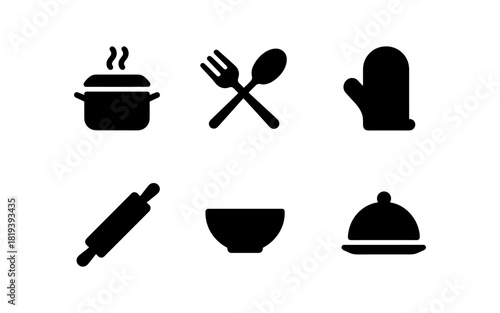 Cooking utensil silhouettes: pots, cutlery, oven mitts, and more in modern design