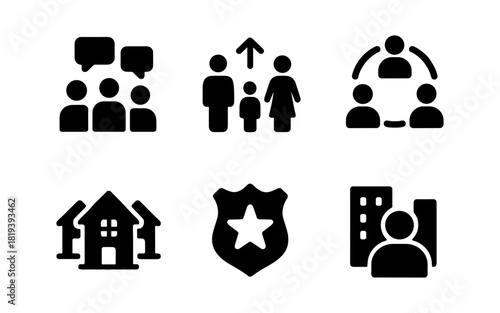 Community symbols: people, communication, family, and security icons