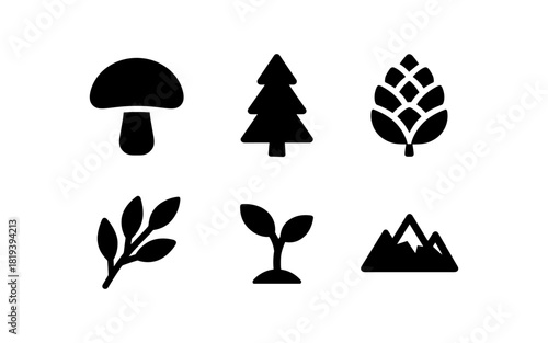 Nature icons set: silhouette style with trees, plants, and mountains