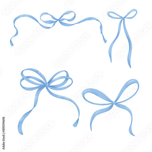 Watercolor set of  blue bow, ribbon silk, illustration for design.