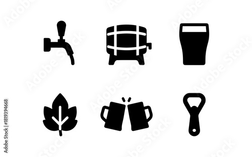 Set of six simple beer icons: tap, barrel, pint, leaf, cheers, opener