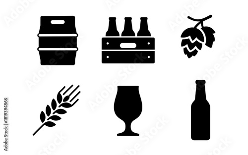 Silhouette icons of craft beer: bottle, hops, glass, crate, and wheat elements