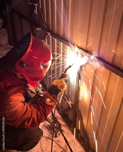 A male welder welds metal. Sparks, industry