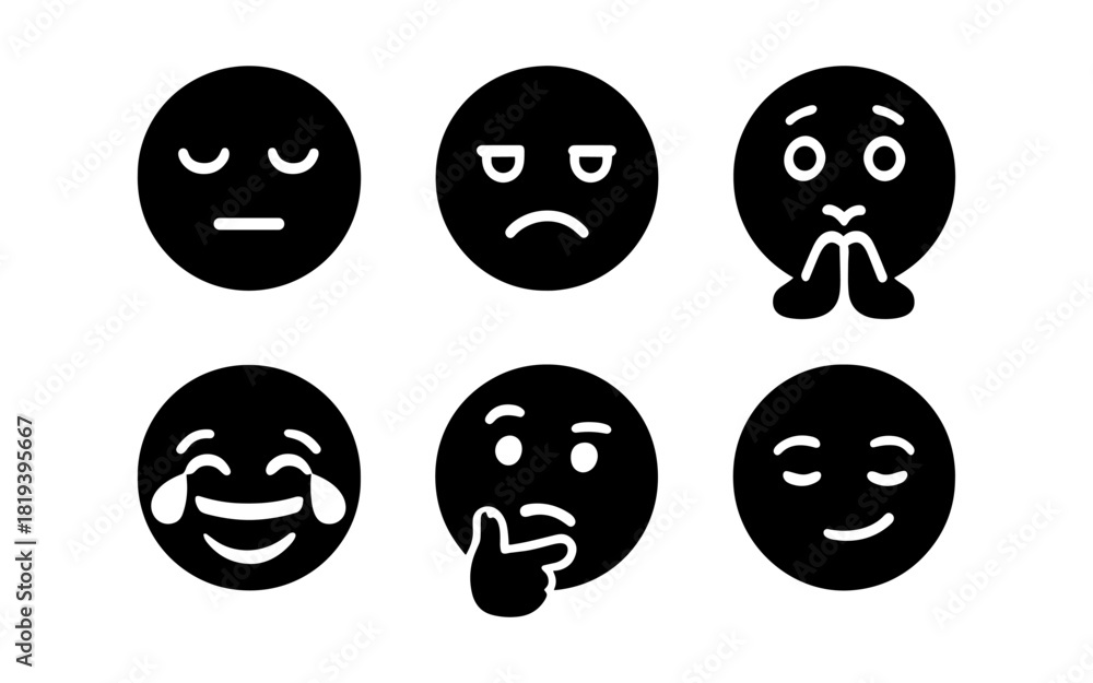 Fototapeta premium Minimalist black and white emoji collection featuring various facial expressions