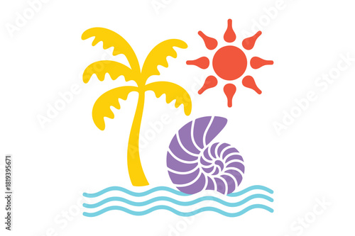 Tropical beach scene with palm tree sun and seashell