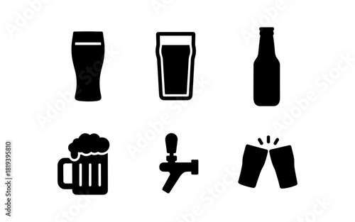 Silhouette beer icons set: glasses, mugs, and bottles for bars and breweries