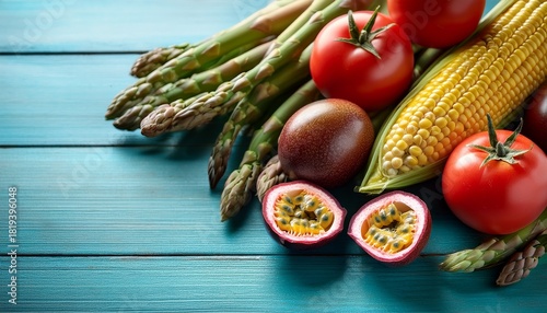 fresh ripe tomatoes asparagus corn and passion fruit on blue wood table